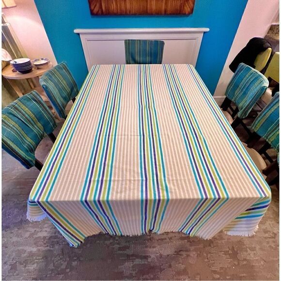 Max Studio Home Tablecloth Blue/Aqua/Green Striped Fringed 54 X 104 100% Cotton - Picture 1 of 10